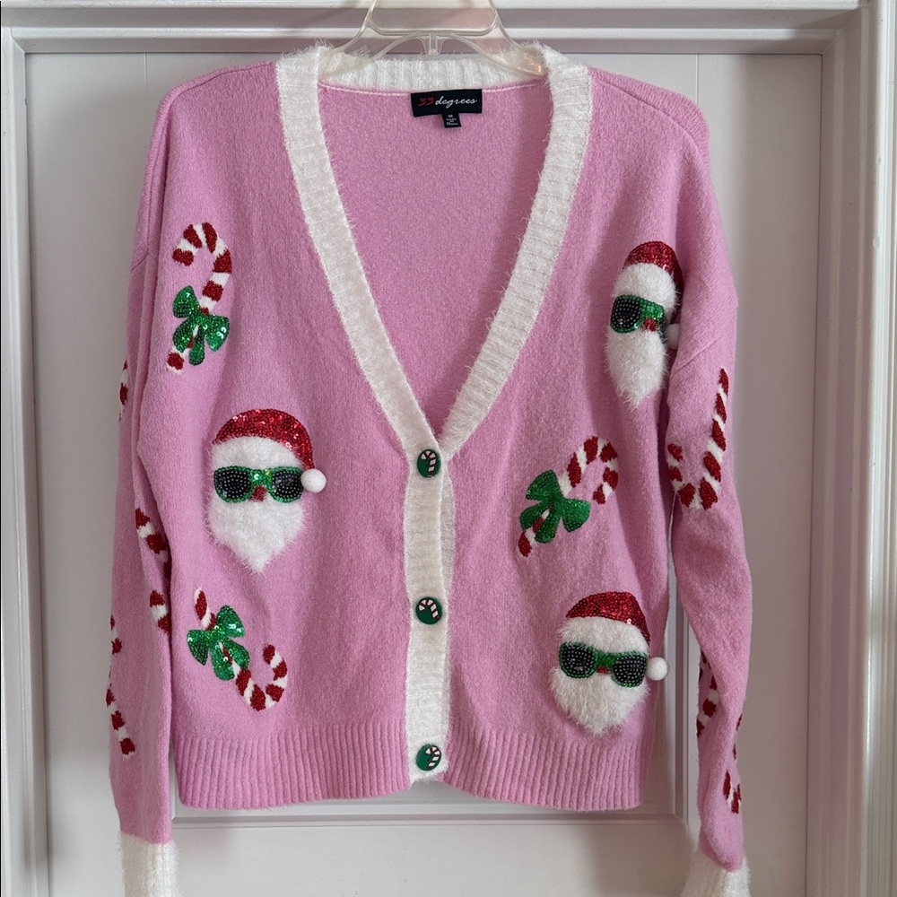 Women’s Pink Holiday Cardigan Sweater with Santa Motif